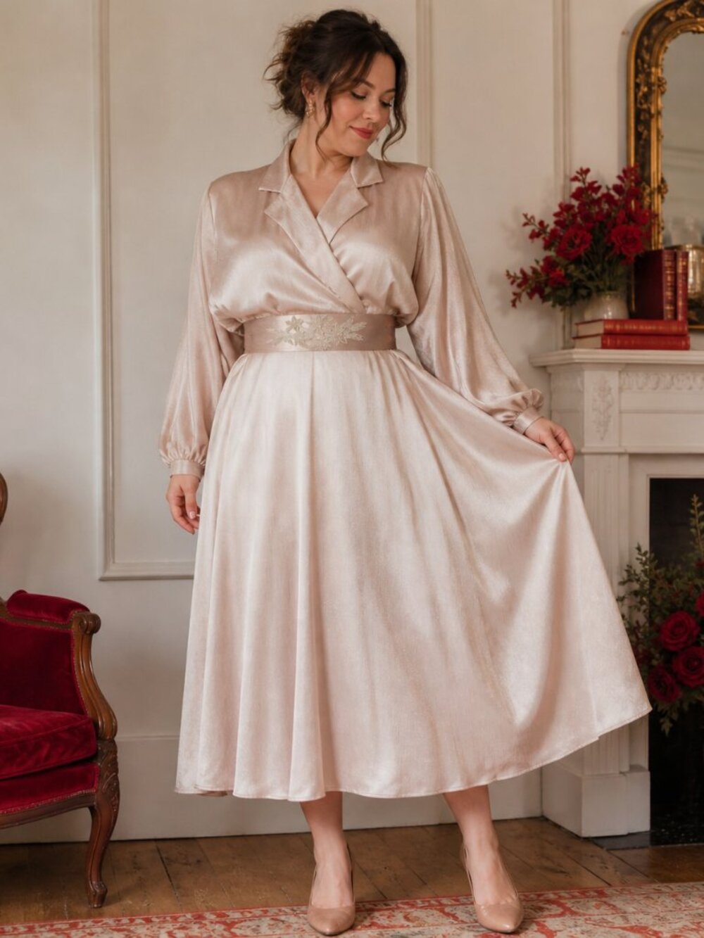 80s Vintage Samantha Black Champagne Midi Dress, Dolman Sleeve Surplice -  S - L